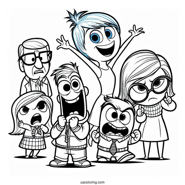 Pixar Coloring Page of Inside Out Joy, Anger, Fear, Sadness, Disgust