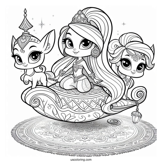 Shimmer And Shine Coloring Page Nahal, And Nazboo On A Magic Carpet With Zeta In The Background