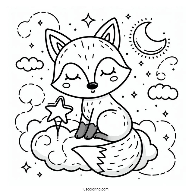 Lovely Fox Coloring Page Holding A Star On A Cloud For Preschoolers