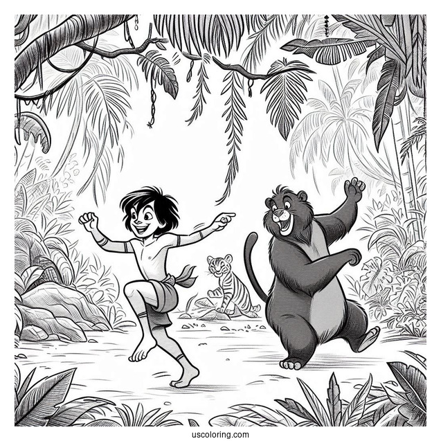 Jungle Book Coloring Page Of Mowgli And Baloo Dancing In The Jungle