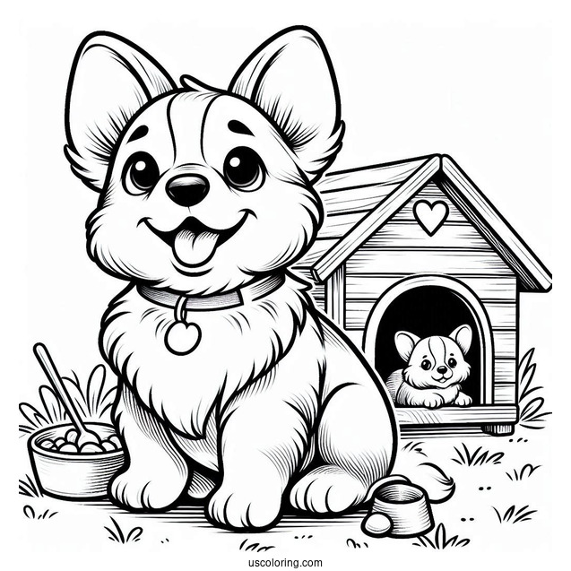 Corgi Puppy In Front Of Dog House
