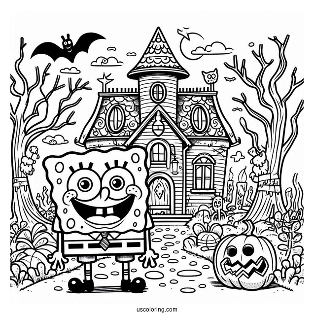 Adorable SpongeBob Coloring Page In Front Of Haunted House