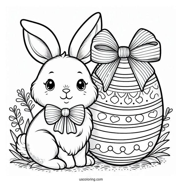 Easter Bunny Coloring Page With Large Bow And Easter Egg