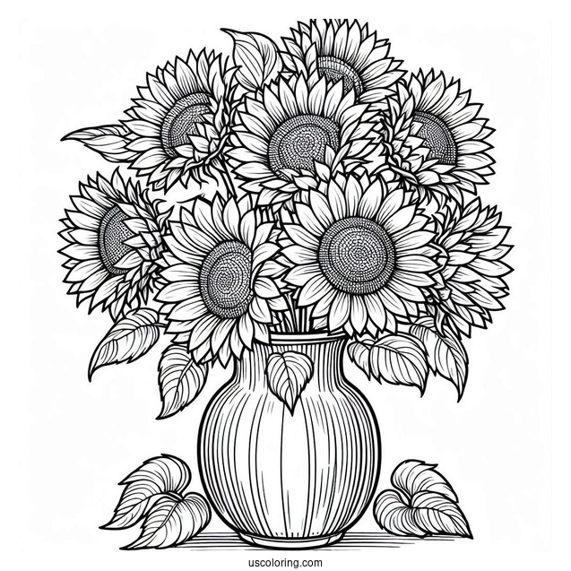 Several Sunflowers In Vase Coloring Sheet