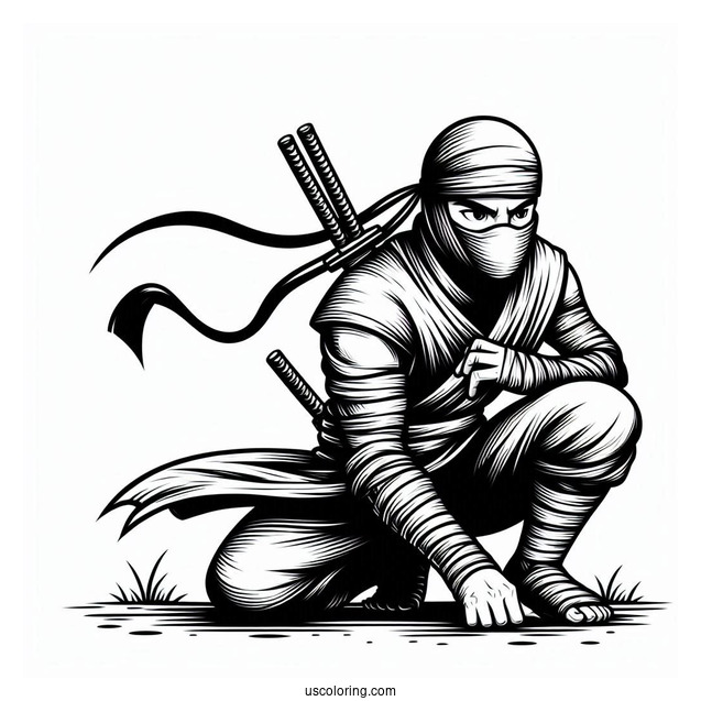 Detailed Ninja Crouching Low Coloring Sheet