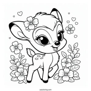 Smiling Bambi, Blossom, And Flower Coloring In For Kids v2