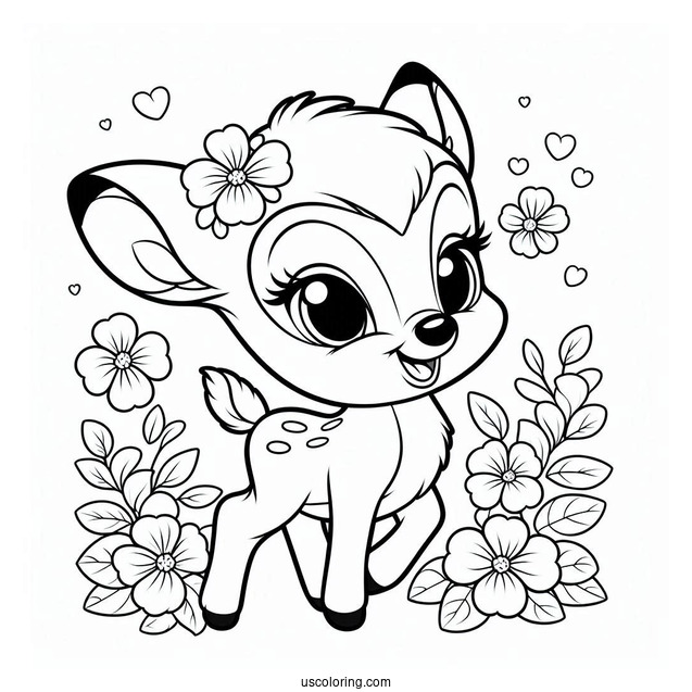 Smiling Bambi, Blossom, And Flower Coloring In For Kids v2