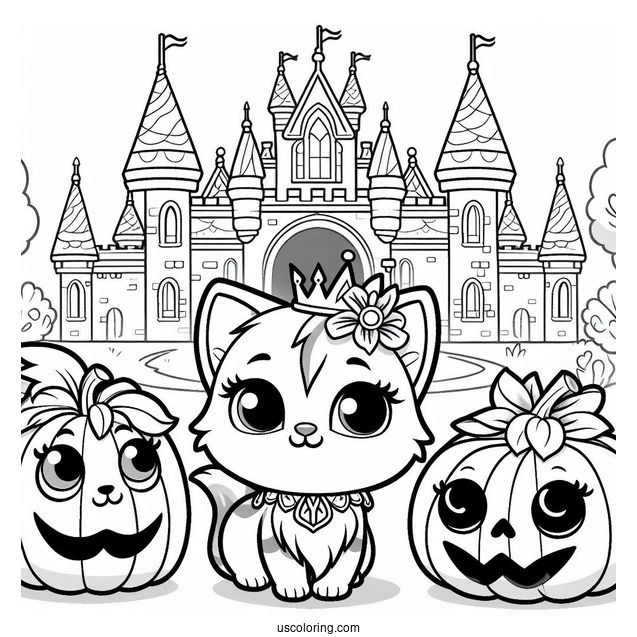 Palace Pets Coloring Page Of Treasure, Petite, Pumpkin And Ms. Featherbon In Front Of Castle