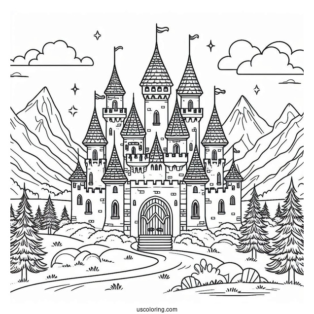 Castle Coloring Page In The Mountains