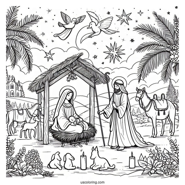 Easy Nativity Coloring Page Scene For Kids