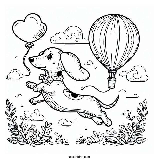 Dachshund Coloring Page Flying With Balloon In The Sky