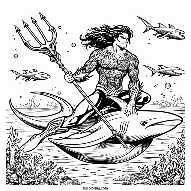 Aquaman Coloring Page Holding his Trident While Riding A Manta Ray