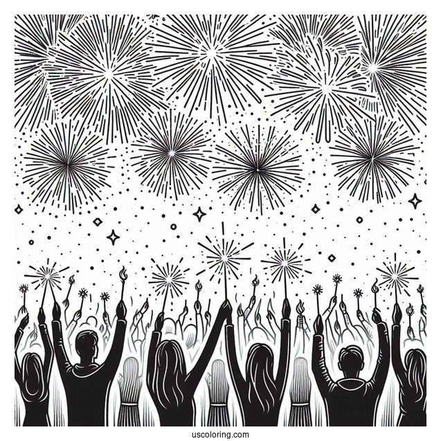 People Holding Up Sparklers To A Sky Filled With Fireworks On New Year Coloring Page