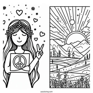 Person Holding A Peace Coloring Page Sign With Different Landscapes
