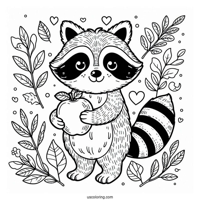 Easy Raccoon Coloring Page Holding Apple For Preschoolers