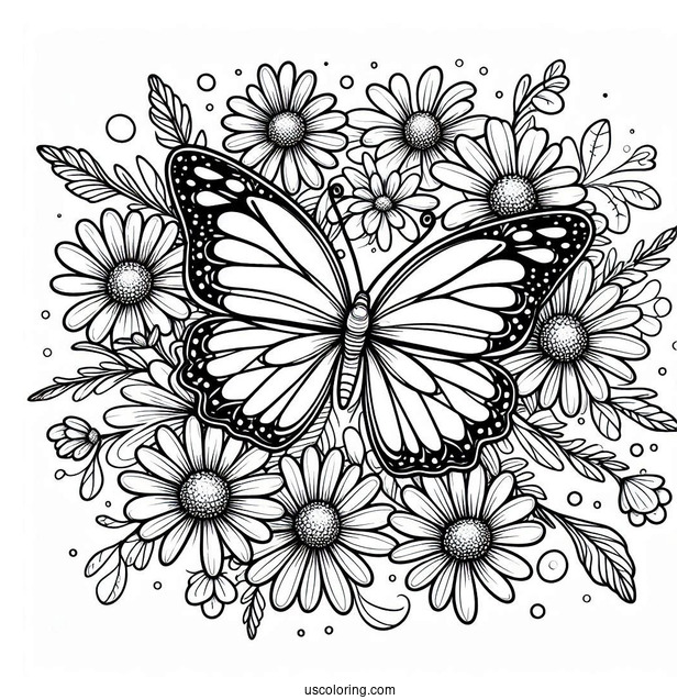 Butterfly Coloring Page Surrounding A Bunch Of Daisies