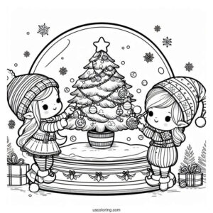 Cute Elves Decorating A Christmas Tree Snow Globe Coloring Page