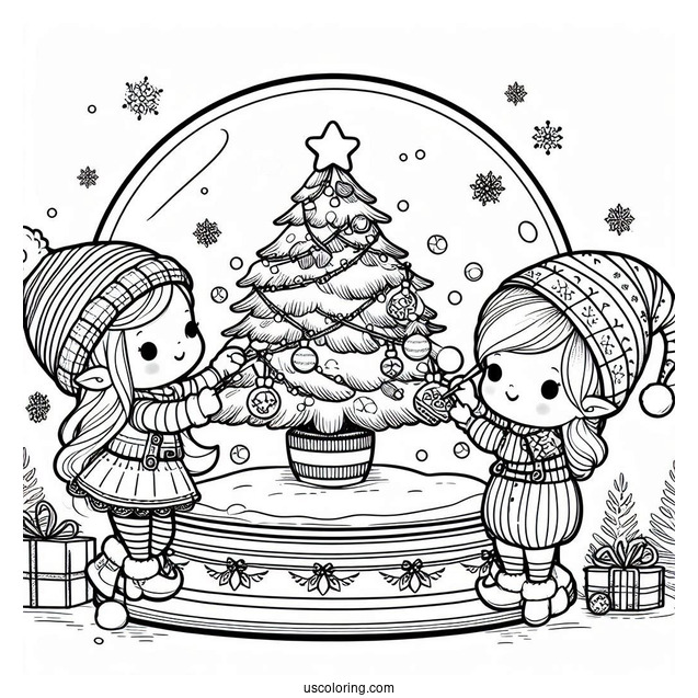 Cute Elves Decorating A Christmas Tree Snow Globe Coloring Page