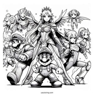 Super Smash Bros Coloring Page Of Mario, Mega Man, Palutena, Samus Aran, And Lucina