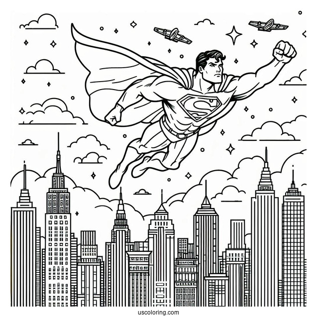 Superman Flying Over Buildings Coloring