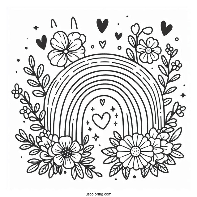 Easy Rainbow With Flowers Coloring Page For Preschoolers