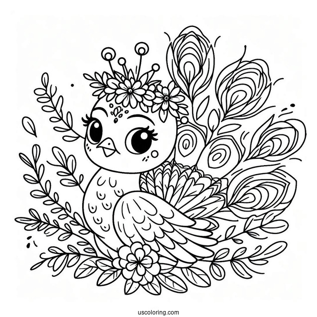Smiling Cartoon Peacock Coloring Page with Floral Crown and Fanned Feathers For Kids
