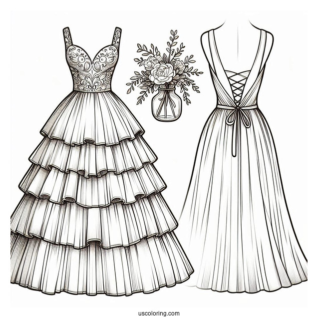 Formal Backless Dress Coloring Page With Tiered Skirt