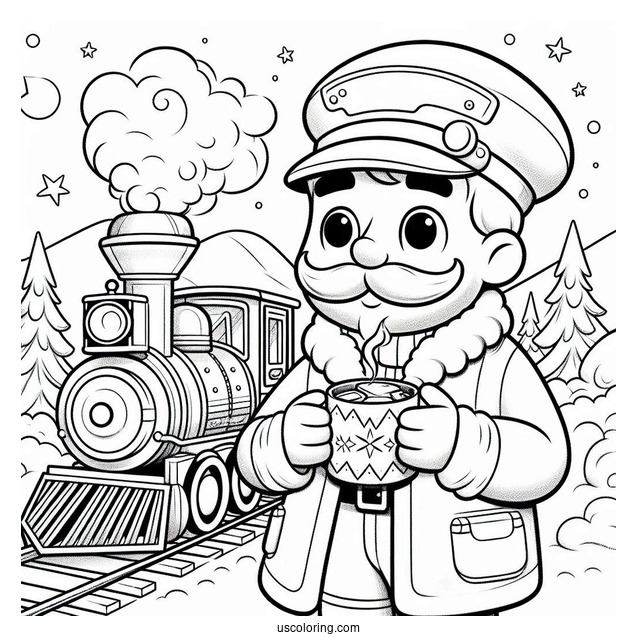 Polar Express Coloring Page Of Cartoon Conductor Holding A Cup Of Hot Coco For Kids