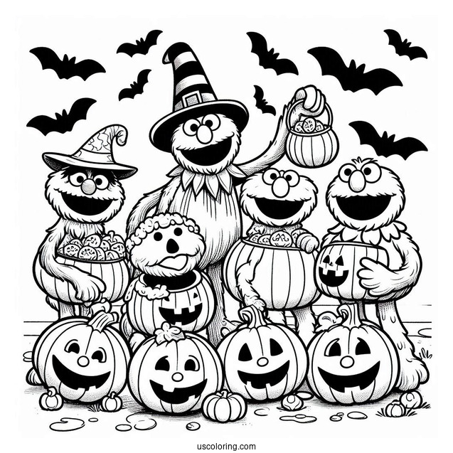 Halloween Sesame Street With Jack-O-Lanterns Coloring Page