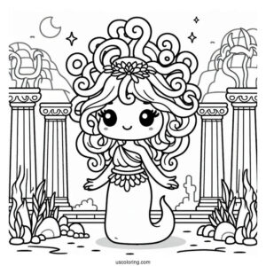Cute Cartoon Medusa Coloring Page Standing Inside Temple