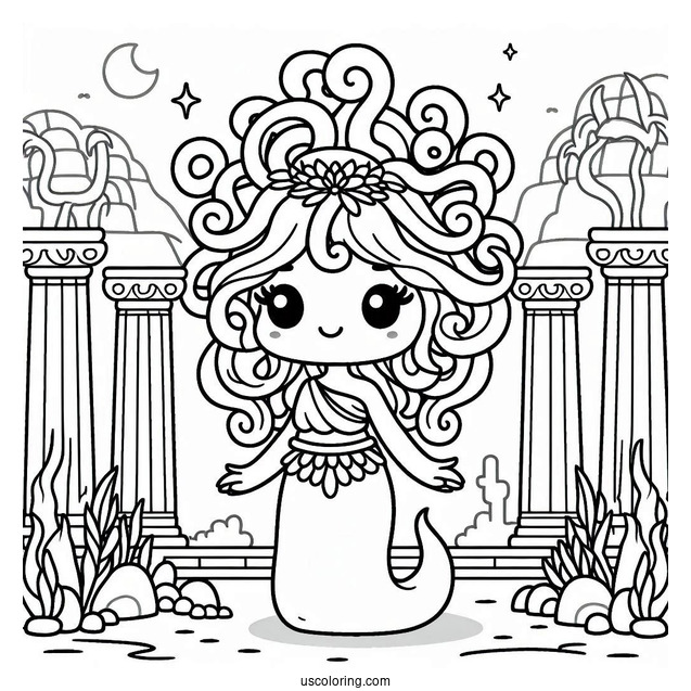 Cute Cartoon Medusa Coloring Page Standing Inside Temple