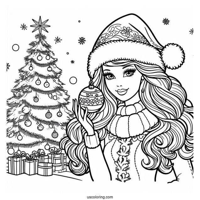 Christmas Themed Barbie Coloring Page