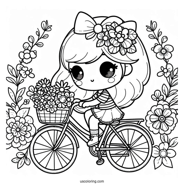 Kawaii Little Girl Riding Bicycle Coloring Page With Flowers For Kids