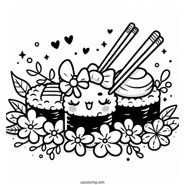 Adorable Cartoon Sushi Coloring Pages With Flowers And Chopsticks