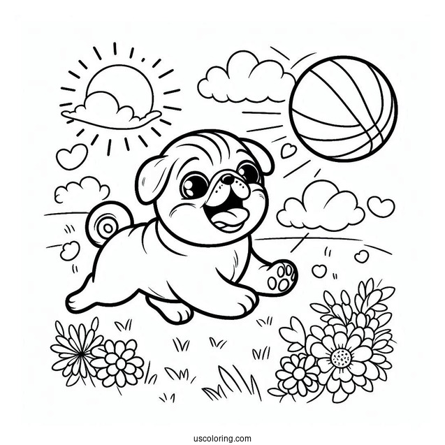Happy Pug Chasing After Ball