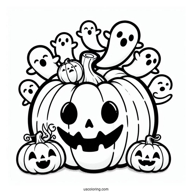 Pumpkin Coloring Page Of Chibi Ghosts Coming Out Of A Smiling Jack O Lantern