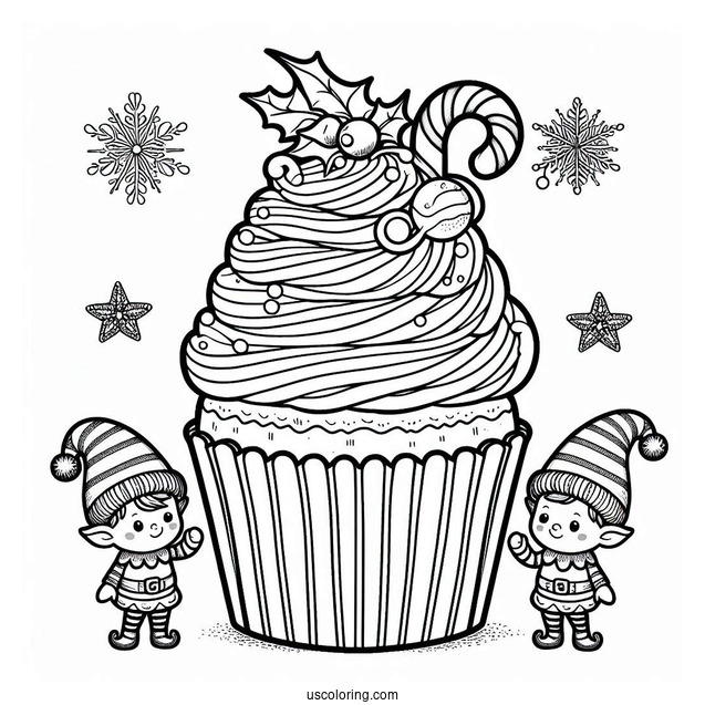 Christmas Themed Cupcake With Elves To Color