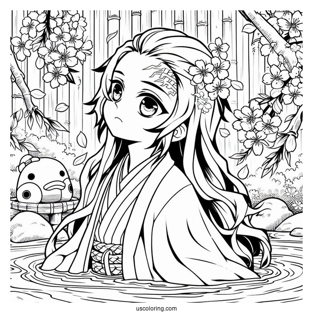 Tanjiro Coloring Page With Nezuko Kamado Surrounded By Water And Cherry Blossoms
