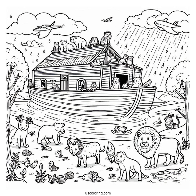 Noah's Ark Coloring Page Of Animals On The Ark During The Flood