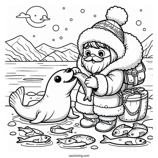 Cartoon Eskimo Feeding Fish To A Seal Coloring Page