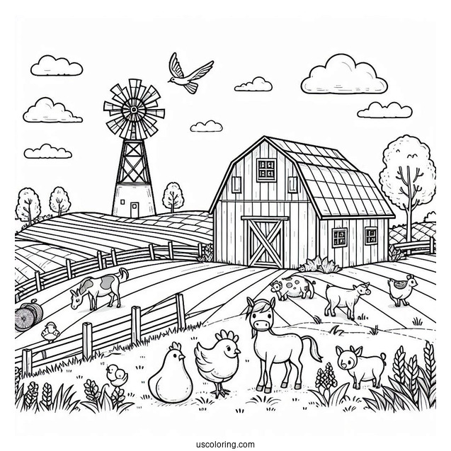 Coloring Page Of a Farm With Fields And Animals