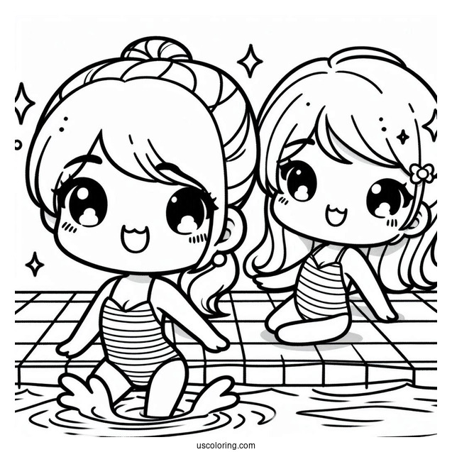 Kawaii Chibi Kids Swimming Coloring Page In The Pool For Kids