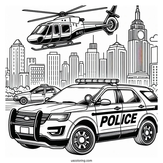 Police Car Coloring Page And Helicopter In The City