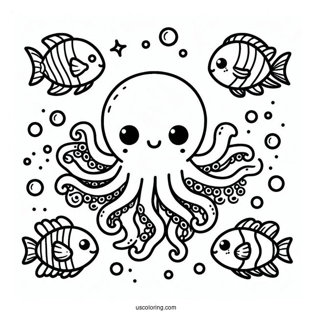 Kawaii Octopus Coloring Page Swimming With Fish