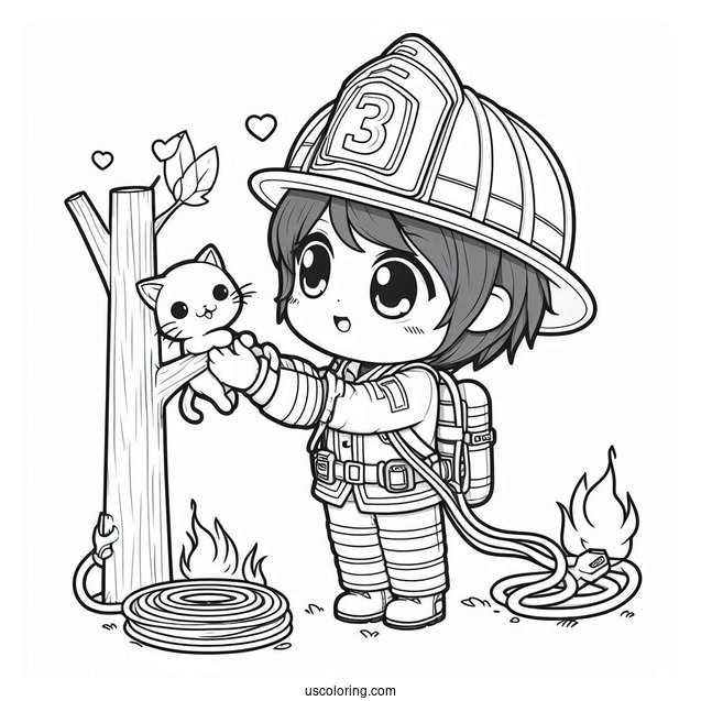 Heroic Chibi Coloring Page Firefighter Saving a Kitten from a Tree