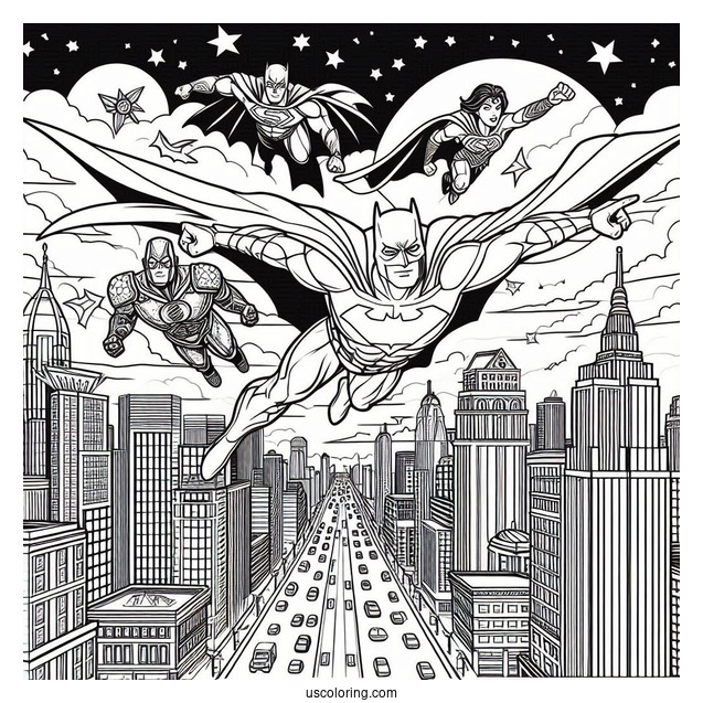 Justice League Coloring Page Flying In The City