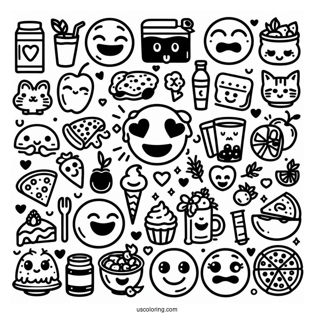 Emoji Coloring Page Varieties Of Faces, Objects, And Food