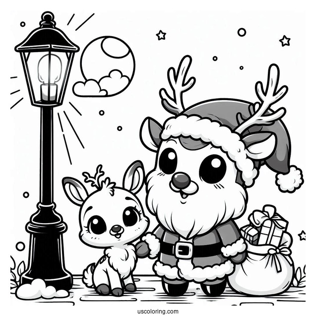 Chibi Rudolph Coloring Page And Santa Under A Lamppost For Preschoolers