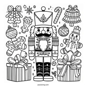 Nutcracker Coloring Page Surrounded By Presents, Gingerbread Men, And Candy Canes
