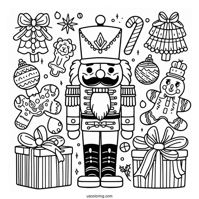 Nutcracker Coloring Page Surrounded By Presents, Gingerbread Men, And Candy Canes